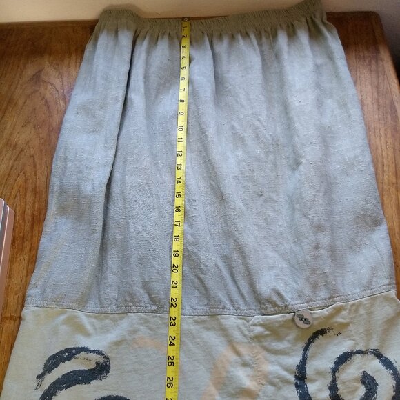 Green Midi Skirt  Elastic Waist  Pocket Lower Hem Art to Wear Abstract Hippie - Picture 7 of 10